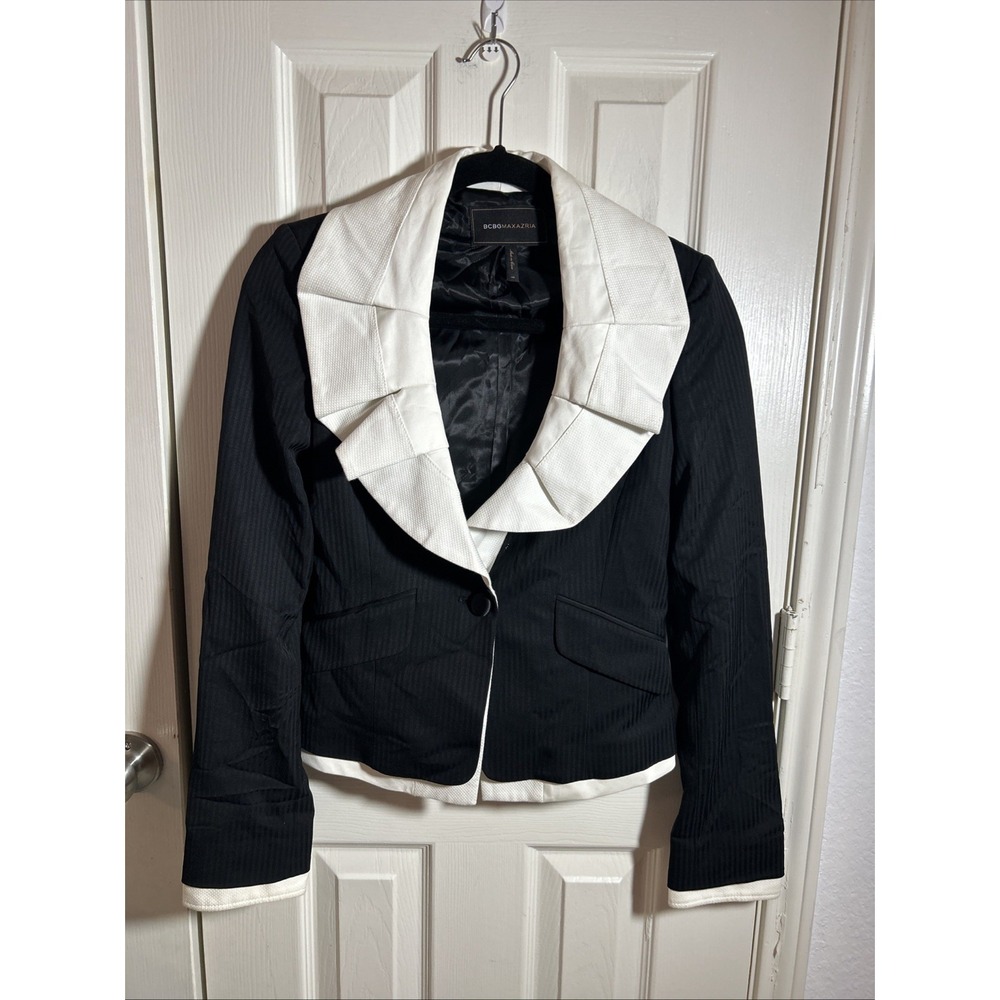 BCBG Max Azria Wool Blend Pinstripe Jacket Blazer Black With White Trim XS